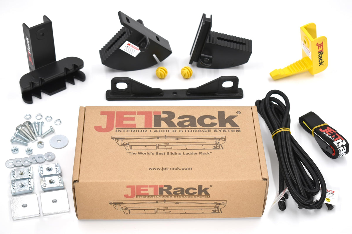 JET Rack compact kit packaging showing contents and easy storage benefit