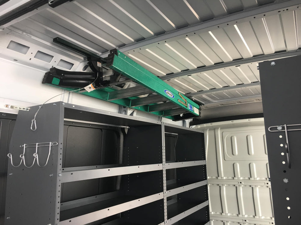 JET Rack beside a folded A-frame ladder showing space-saving scale benefit