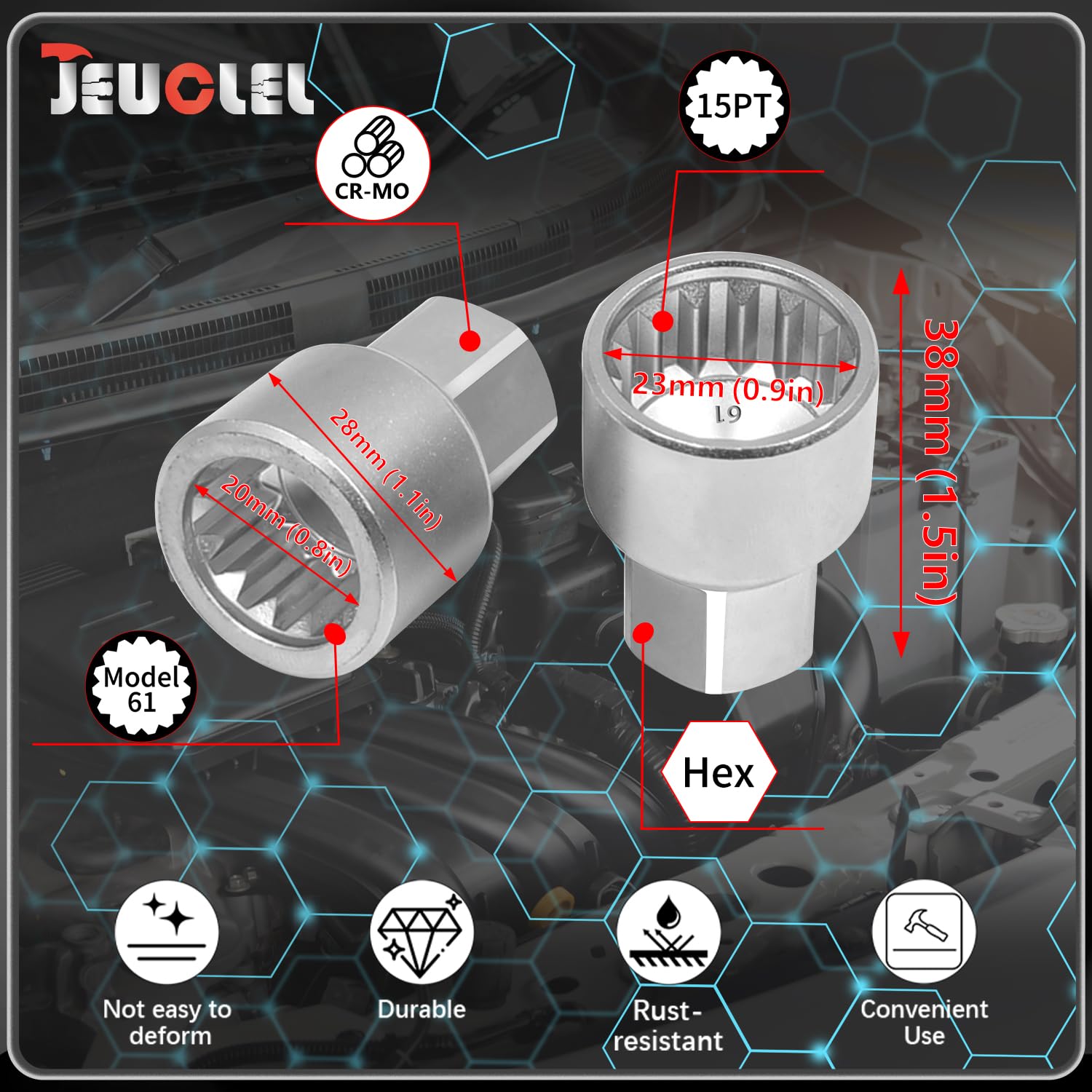 JEUCLEL label and socket markings showing clear identification and selection