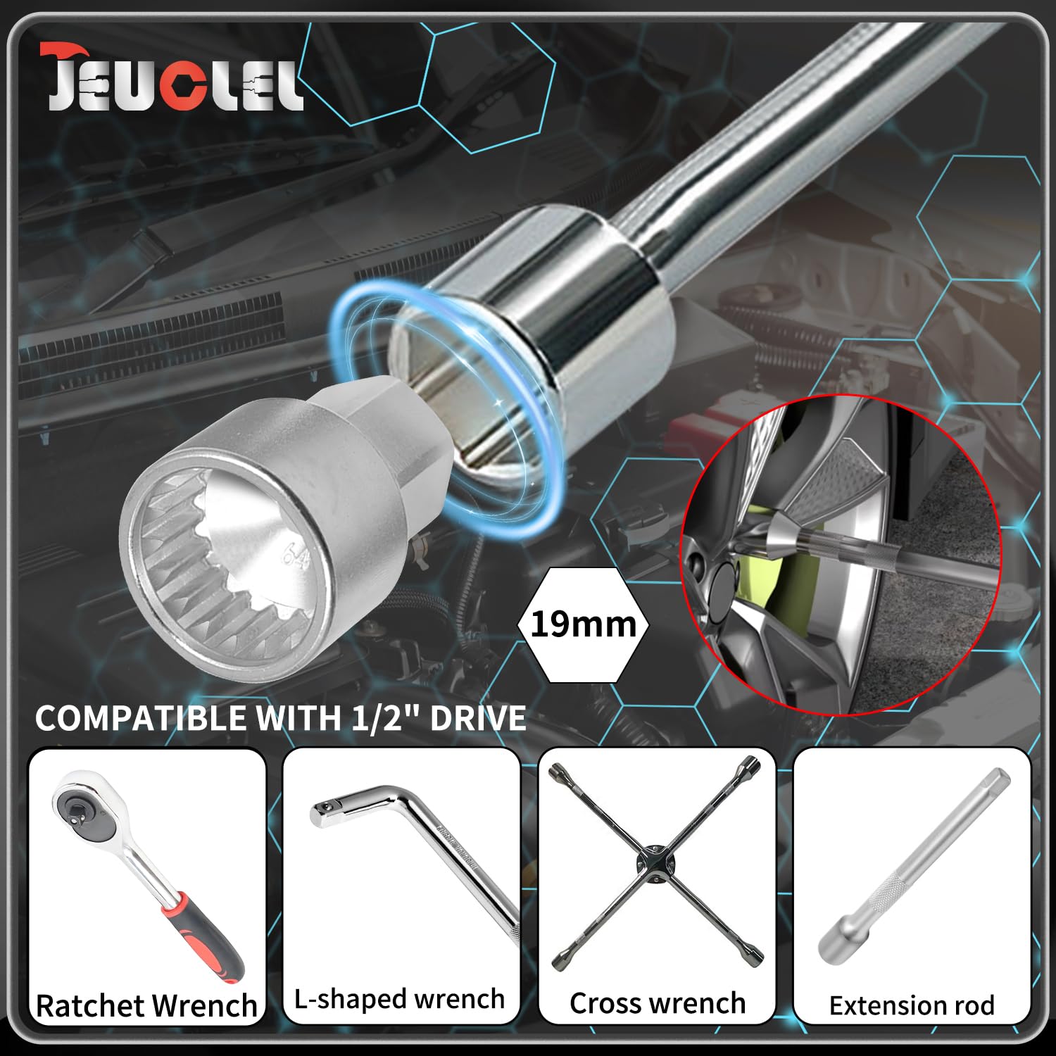 JEUCLEL sockets beside a wheel lug for quick size and scale comparison