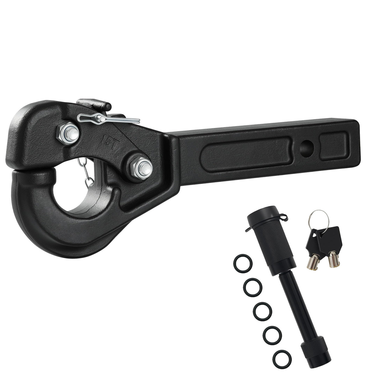 JEXTRA pintle hitch front view showing secure forged hook and robust profile
