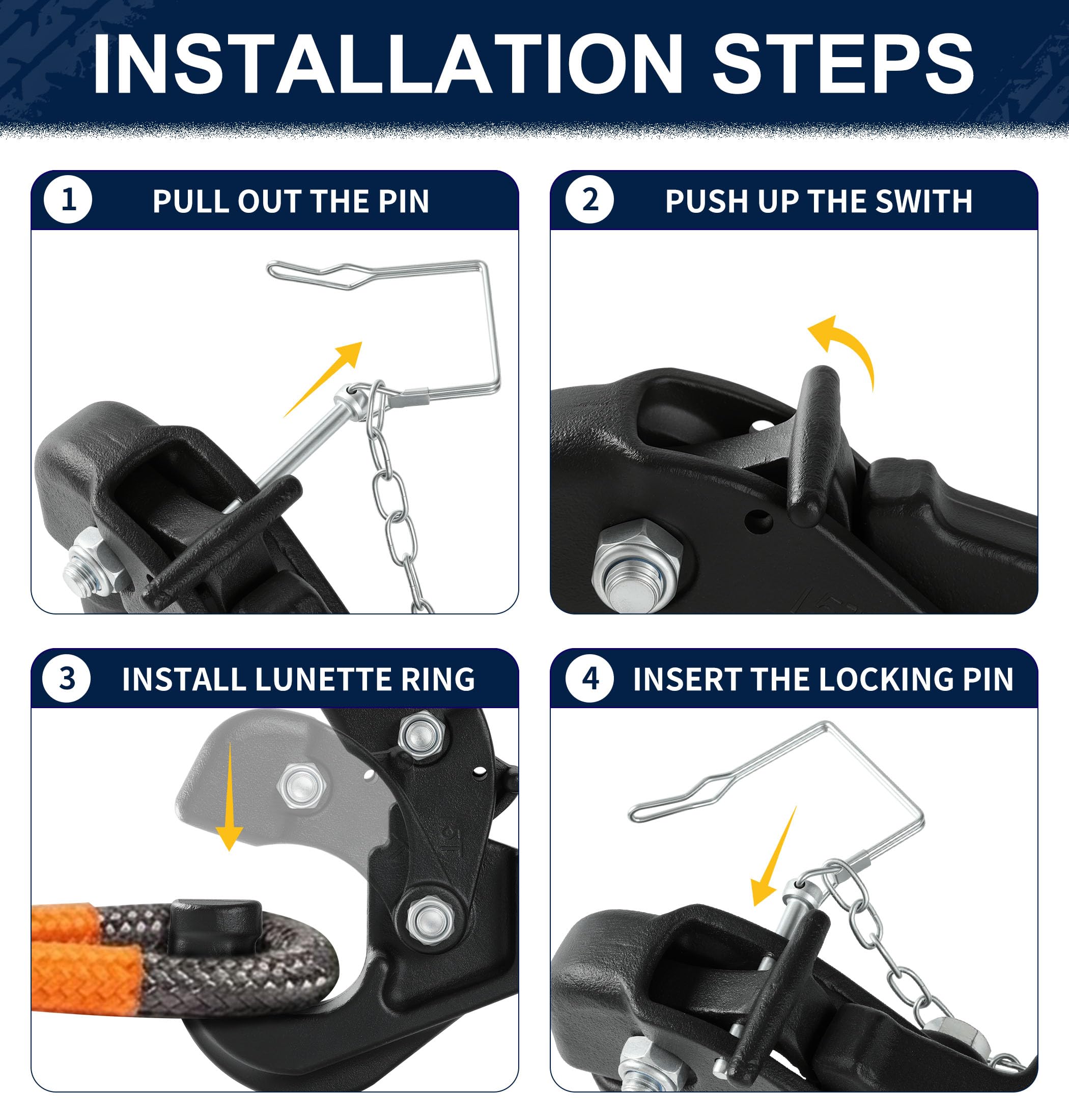 JEXTRA pintle hitch length scale comparing 14.6-inch overall size for clearance
