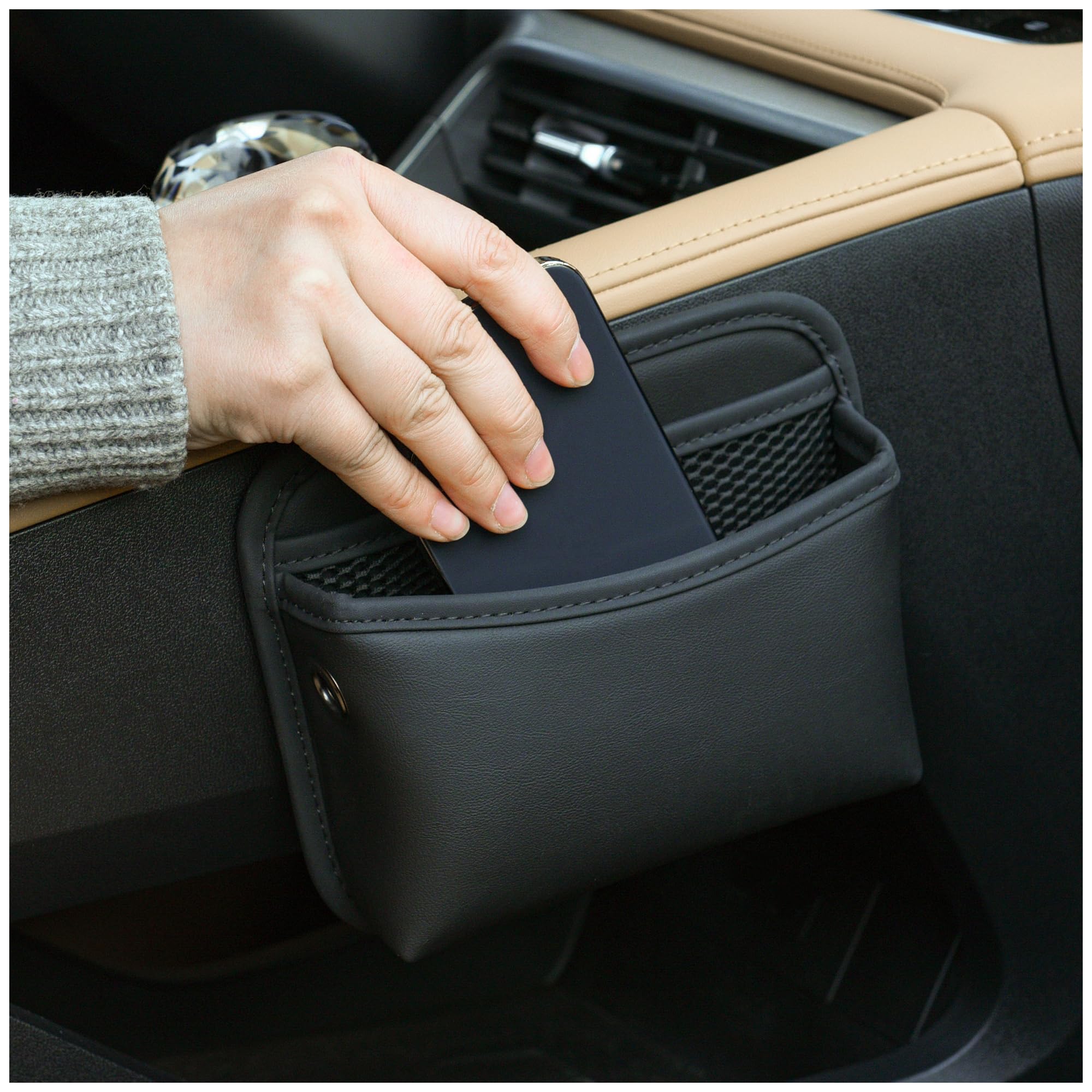 JEYODA front view of black seat pocket showing tidy storage benefit