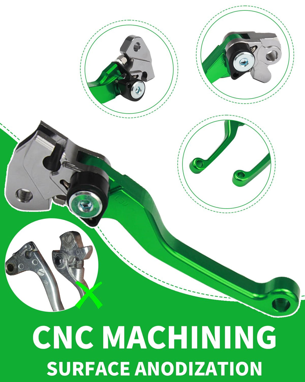 JFG RACING levers installed on Kawasaki KX, front view demonstrating direct-fit replacement