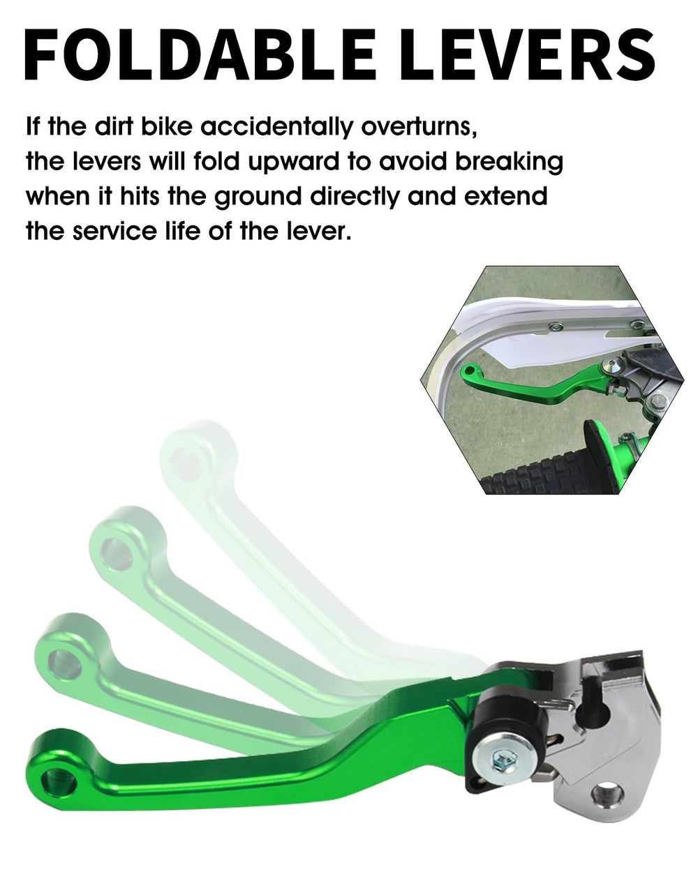 JFG RACING lever folded outward to show crash-friendly pivot and reduced breakage risk