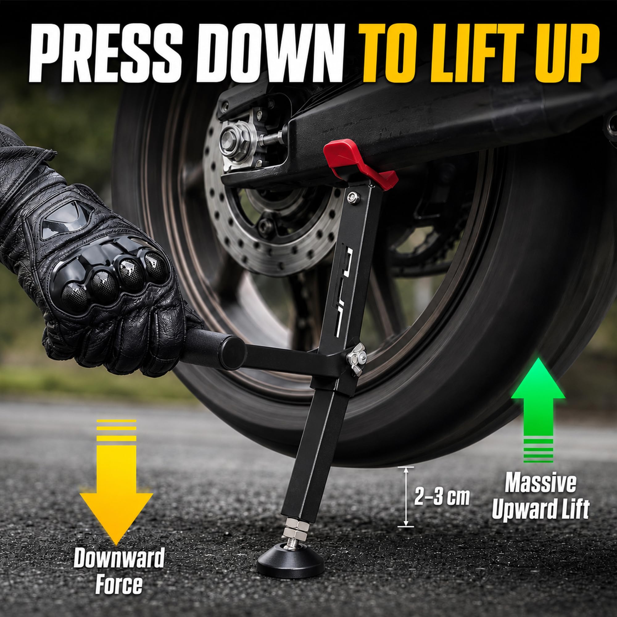 JFG RACING press lever detail illustrating effortless upward lift advantage