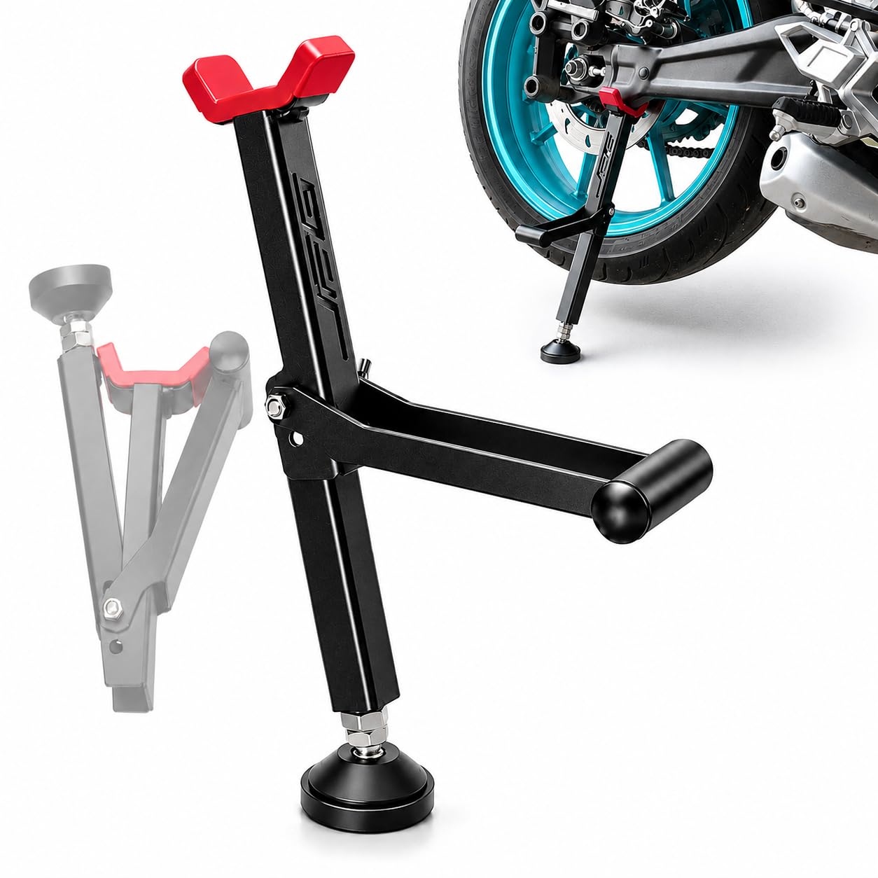 JFG RACING front view of stand showing compact profile and stability
