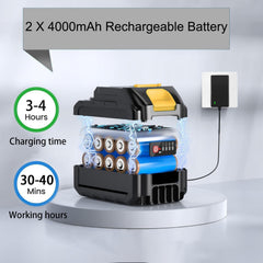 JFOTOY dual 4000mAh batteries showing fast-charge LEDs for extended runtime benefit