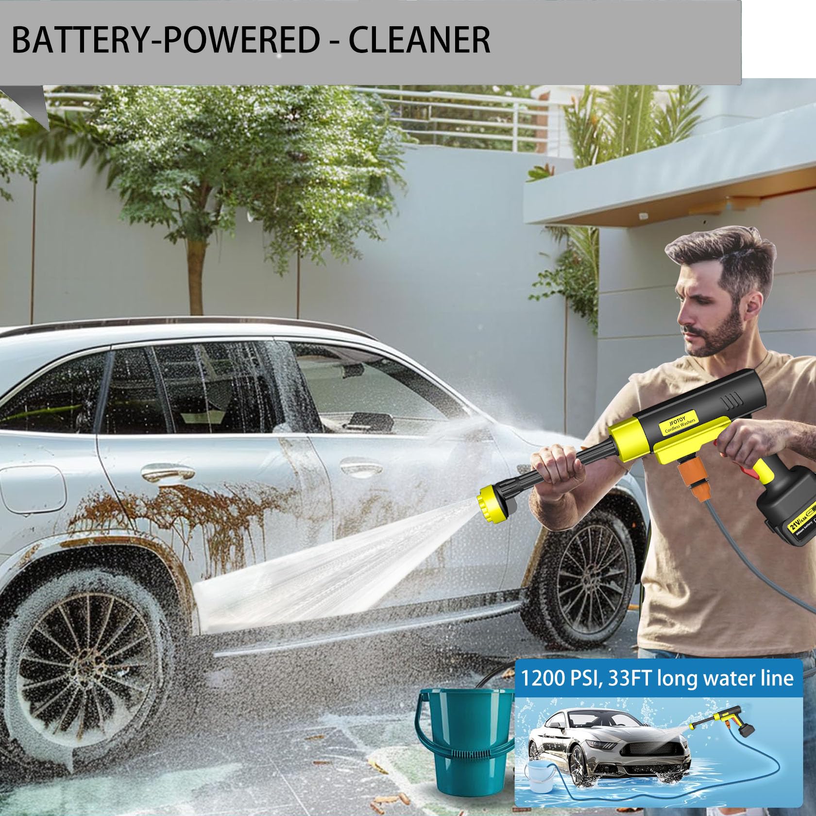 JFOTOY washer in use on a car exterior illustrating effective dirt removal benefit