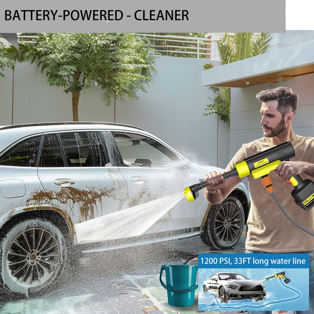 JFOTOY washer in use on a car exterior illustrating effective dirt removal benefit