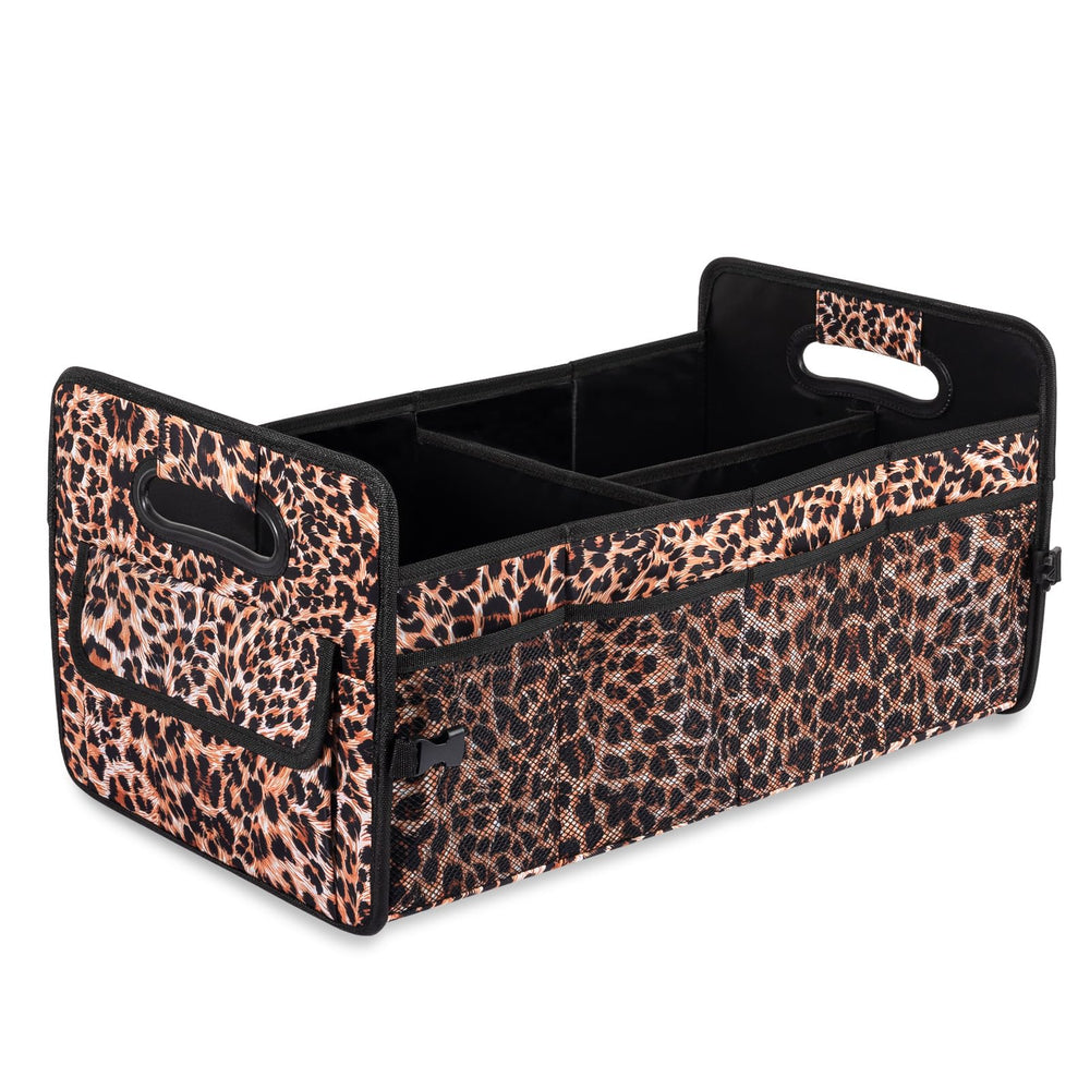 JiatuA front view of leopard trunk organizer showing organized storage and easy access