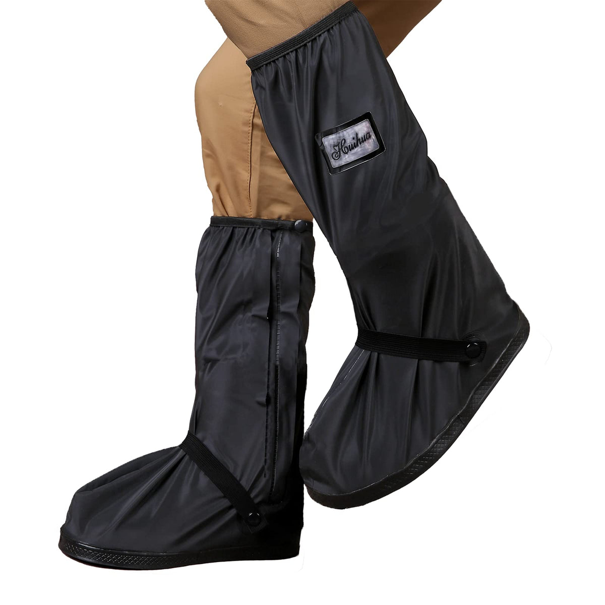 Jikamul front view of black shoe cover showing full waterproof protection
