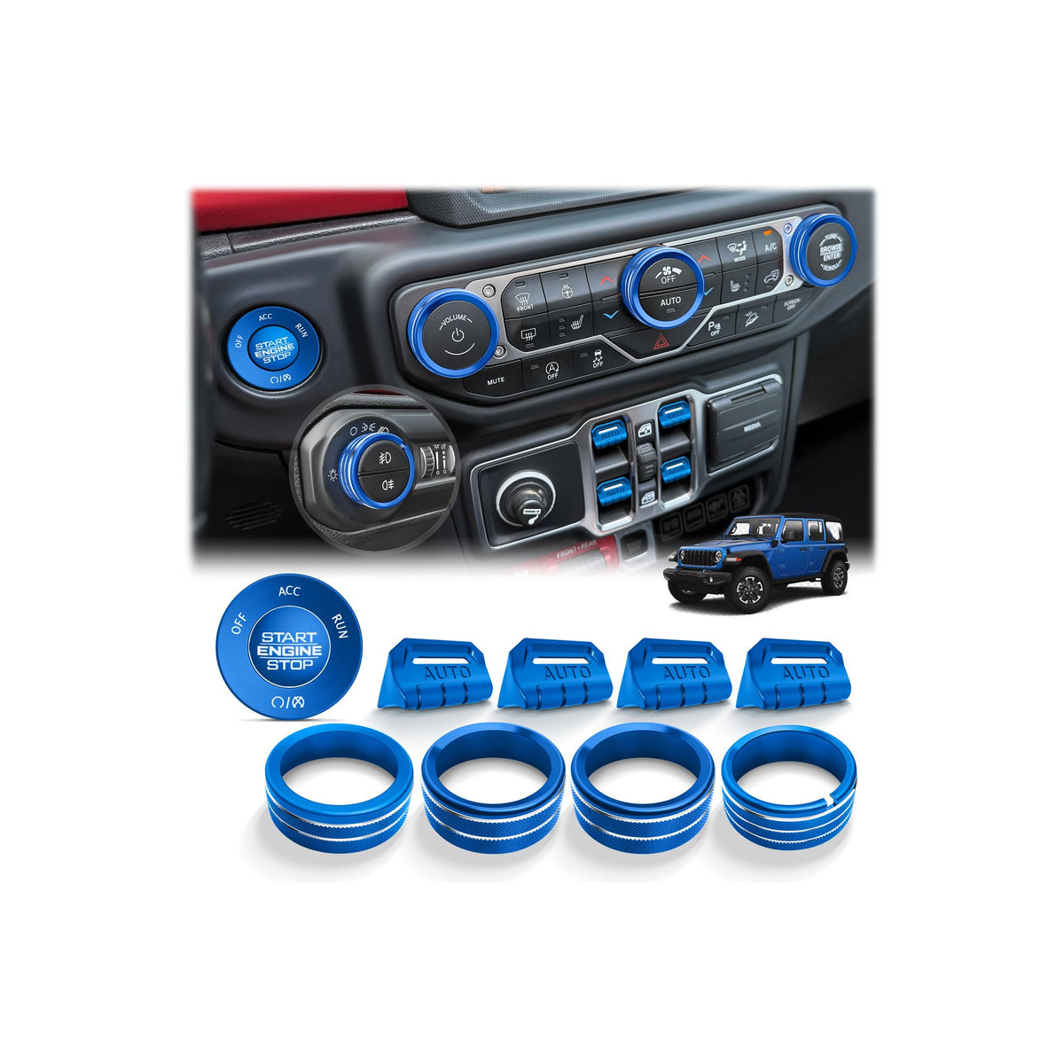 JIYOUNGSEN front packaging showing blue 10-piece knob and button covers for Jeep, upgrade look