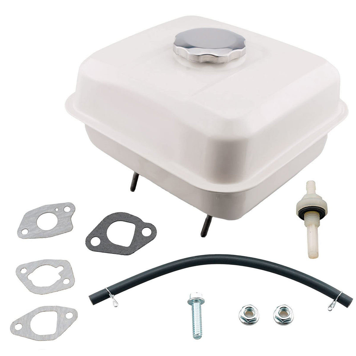 JJing fuel tank front view showing mounting points and durable finish for easy replacement