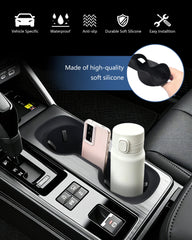 JJMY installed insert with travel mug demonstrating stability and spill reduction