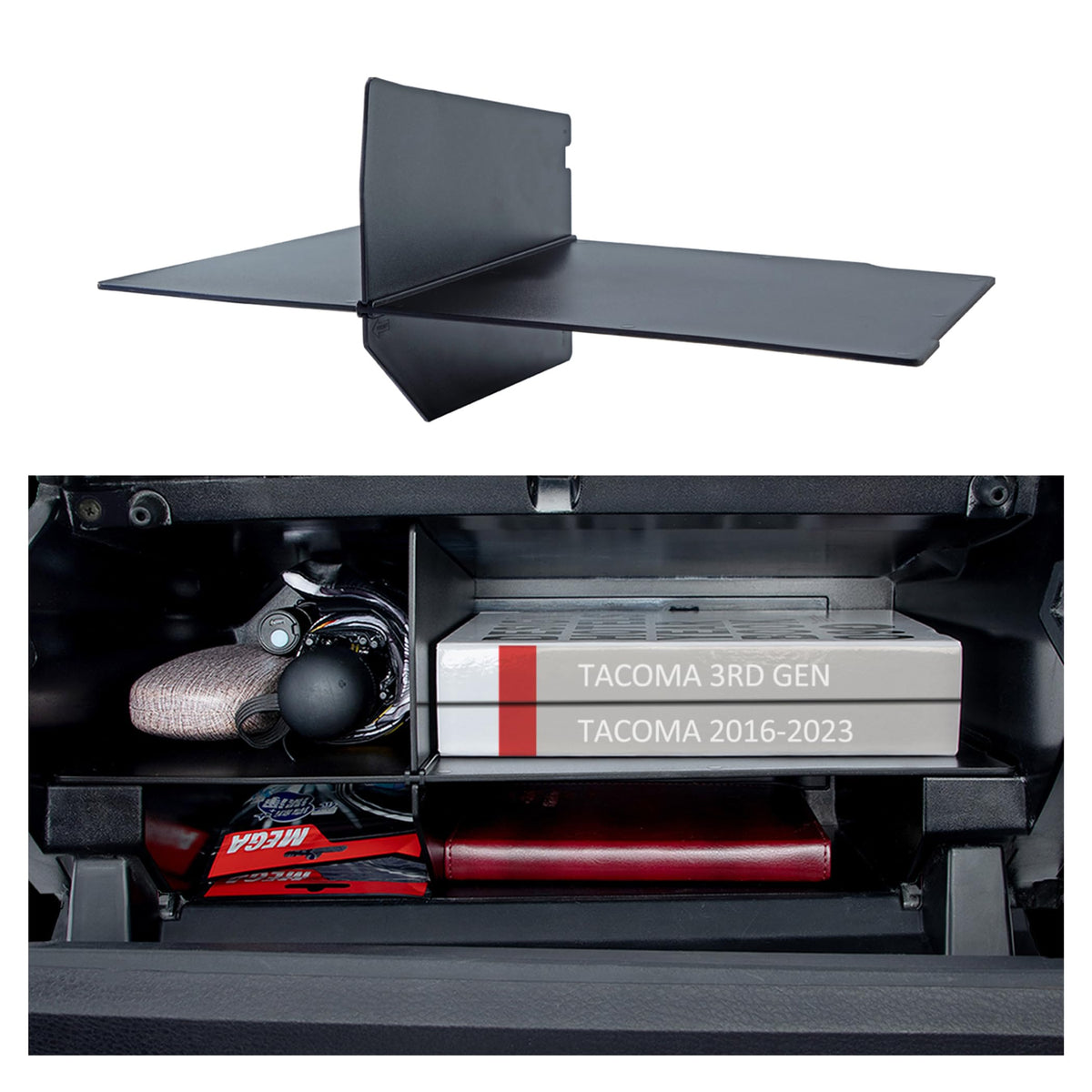 JKCOVER front view installed in Tacoma showing neat compartment layout and tidy storage