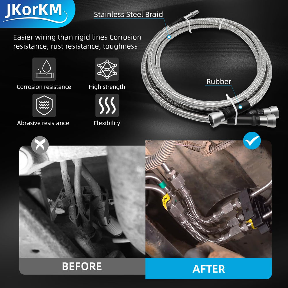 JkorkM hoses routed in Chevy Silverado engine bay, shows professional-fit installation benefit
