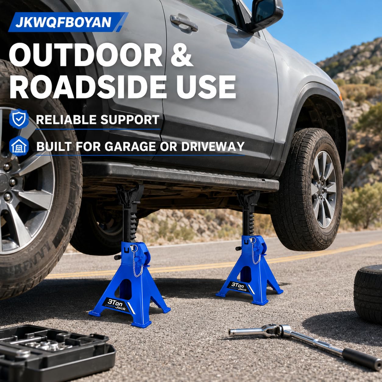 JKWQFBOYAN in use under SUV demonstrating secure support during repairs