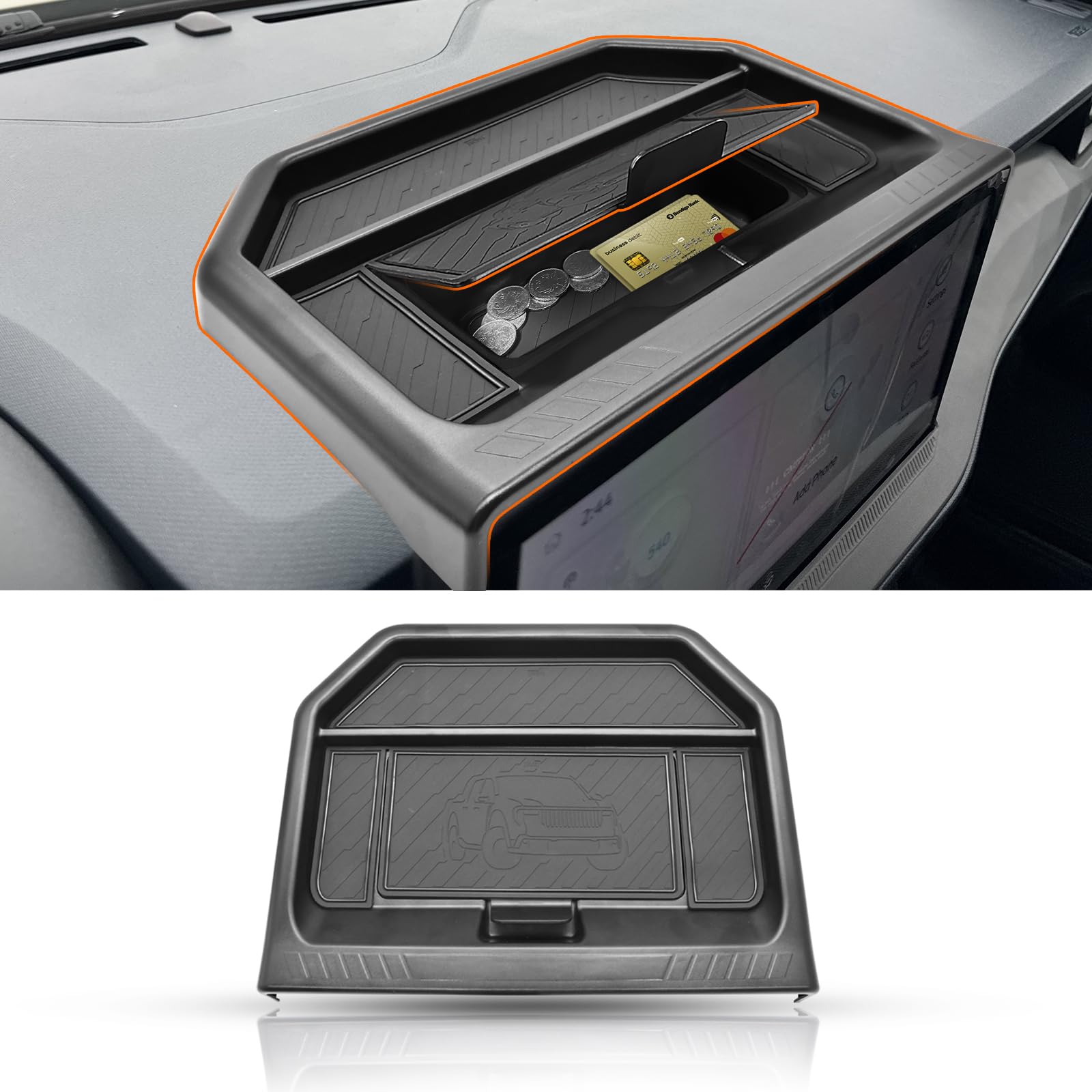 JLQP front view of organizer installed for tidy dash and improved storage