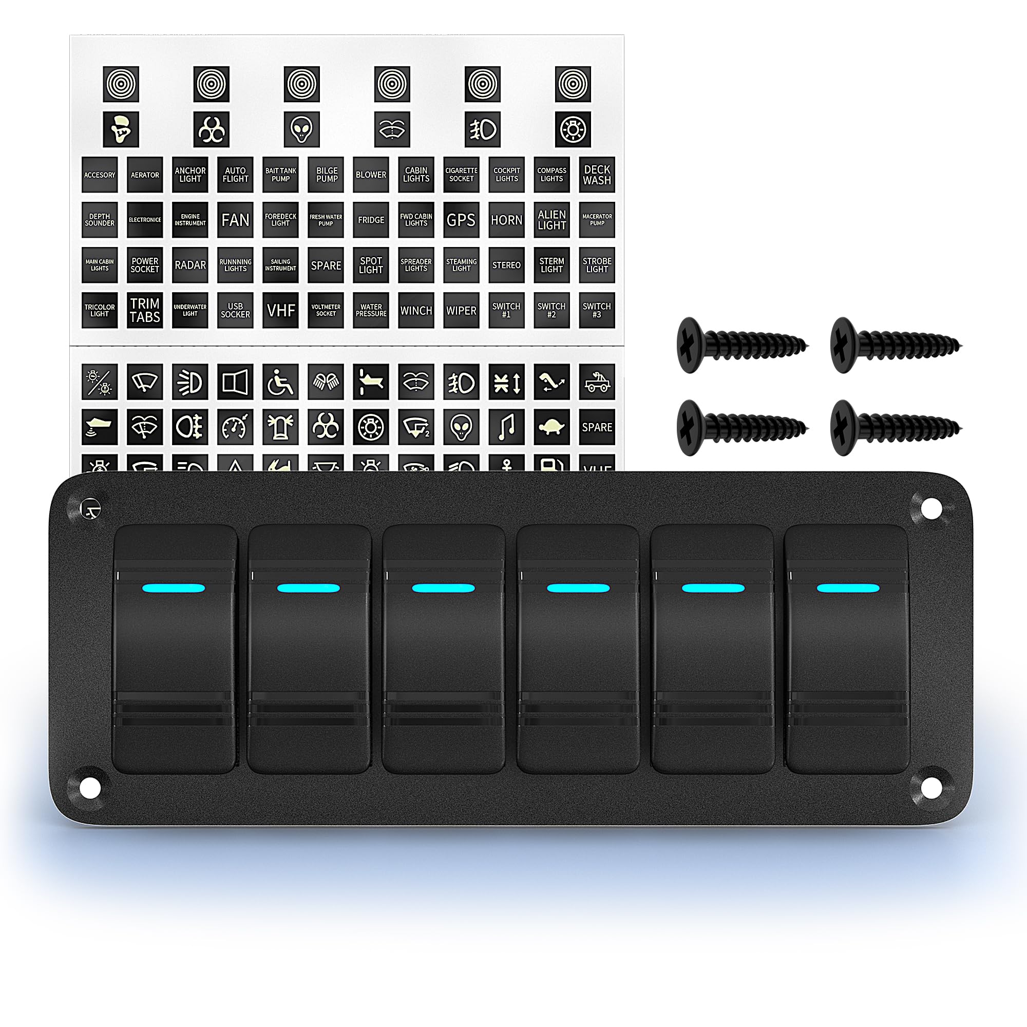 Joinfworld front panel showing six blue LEDs and durable aluminum faceplate benefit: organized control