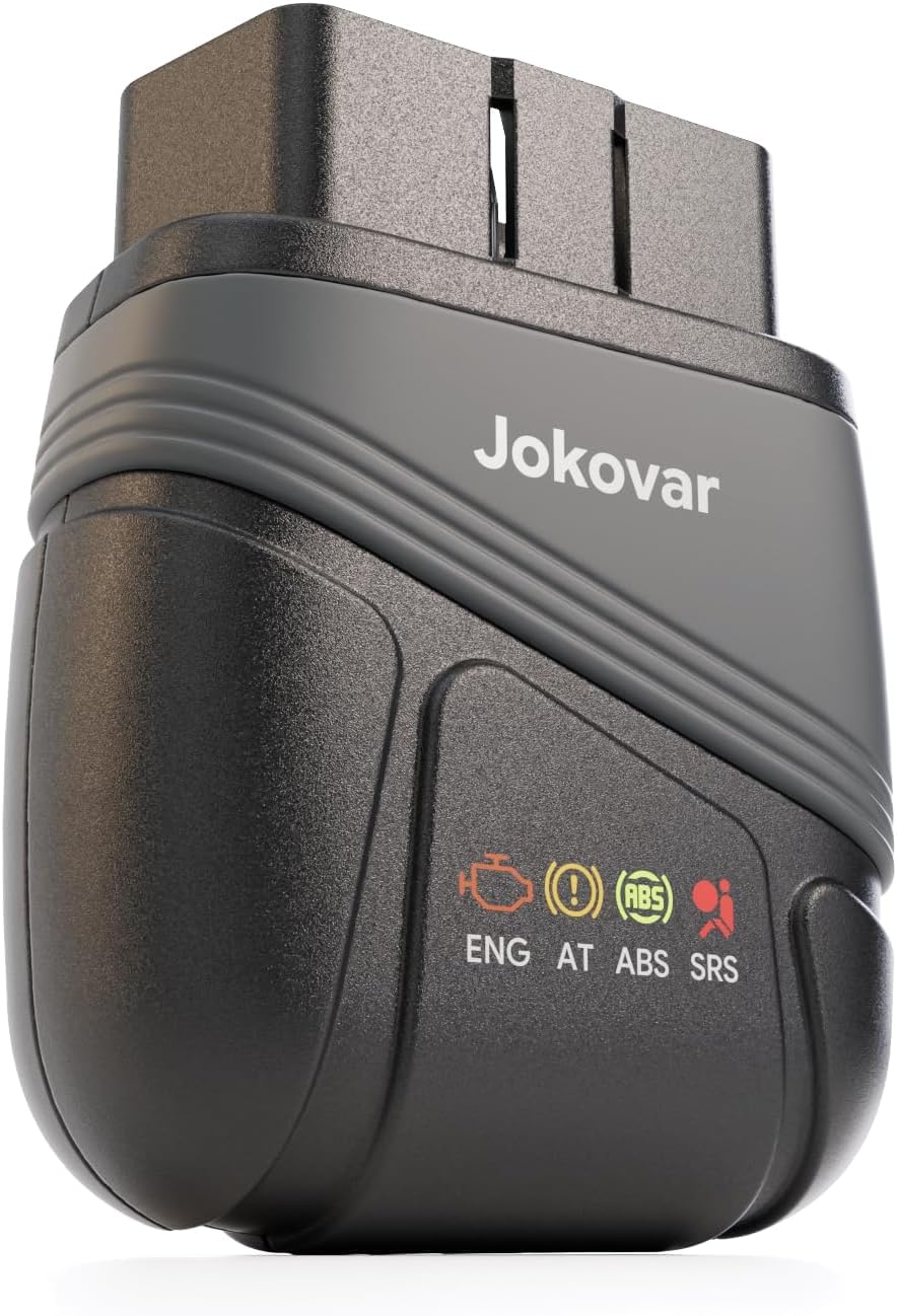 Jokovar front view plugged into OBD2 port showing compact diagnostic convenience