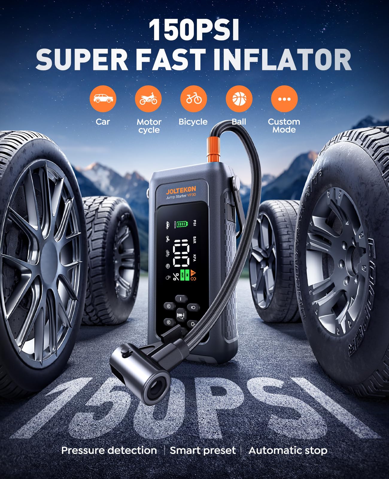 Joltekon detachable compressor hose attached to a tire for fast inflation