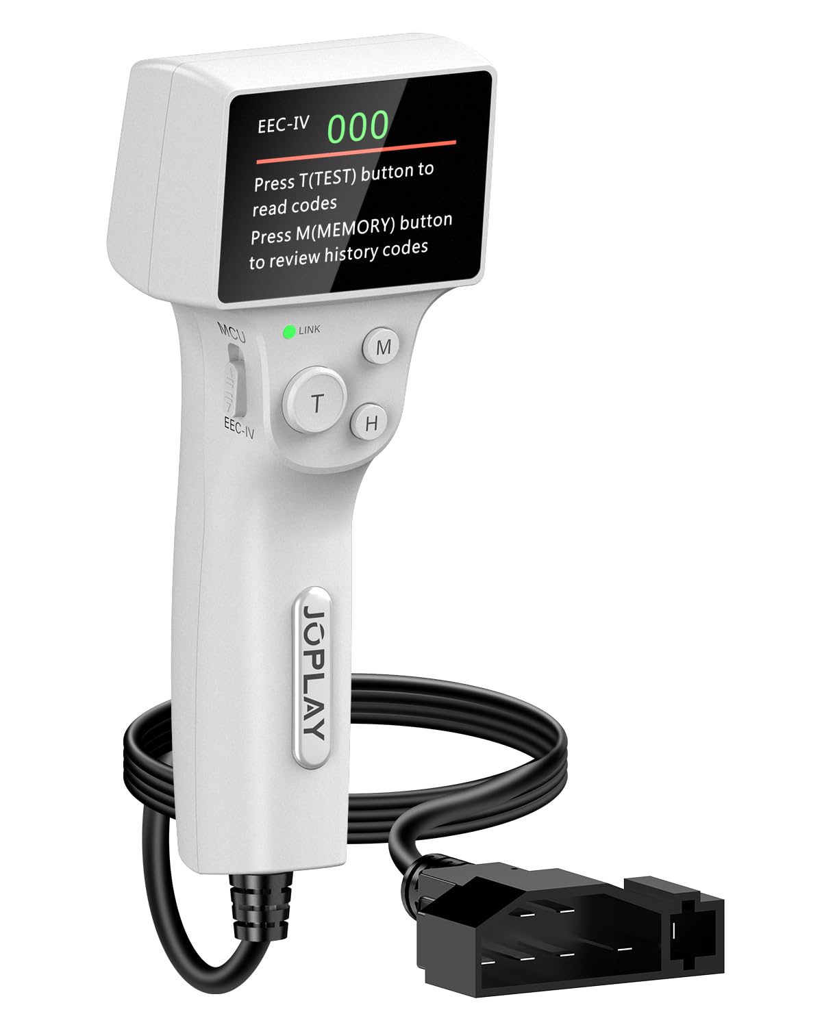 JOPLAY front view showing handheld OBD1 reader and controls, fast code access