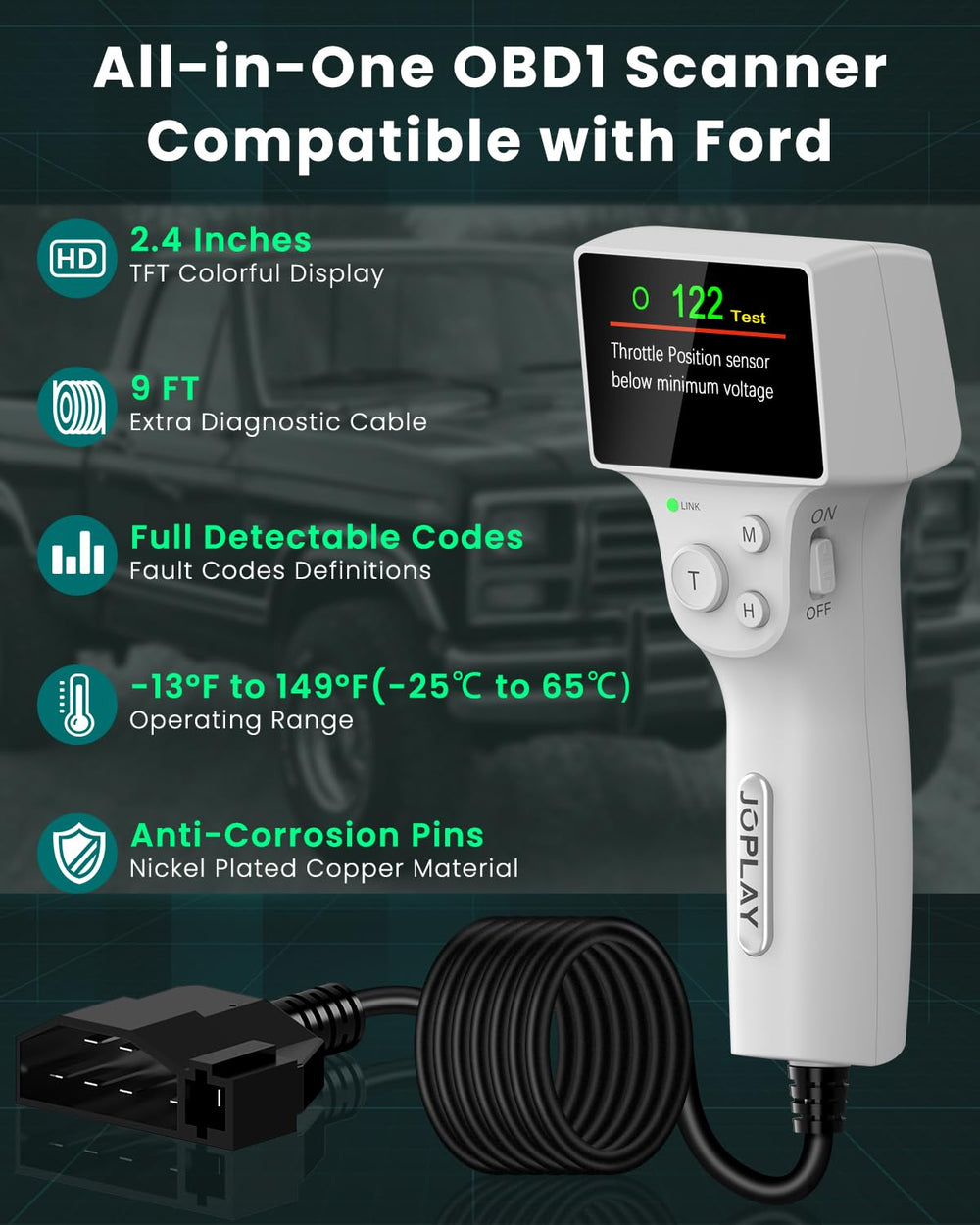 JOPLAY tool with 9-foot cable in-seat use, reach for under-dash diagnostics