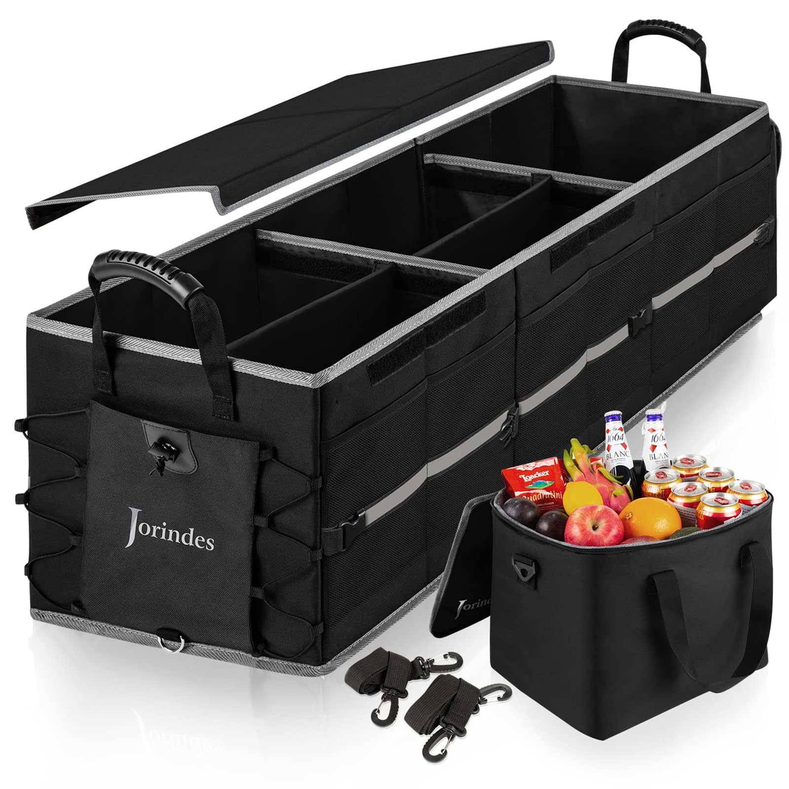 Jorindes front view of trunk organizer showing compartment benefits
