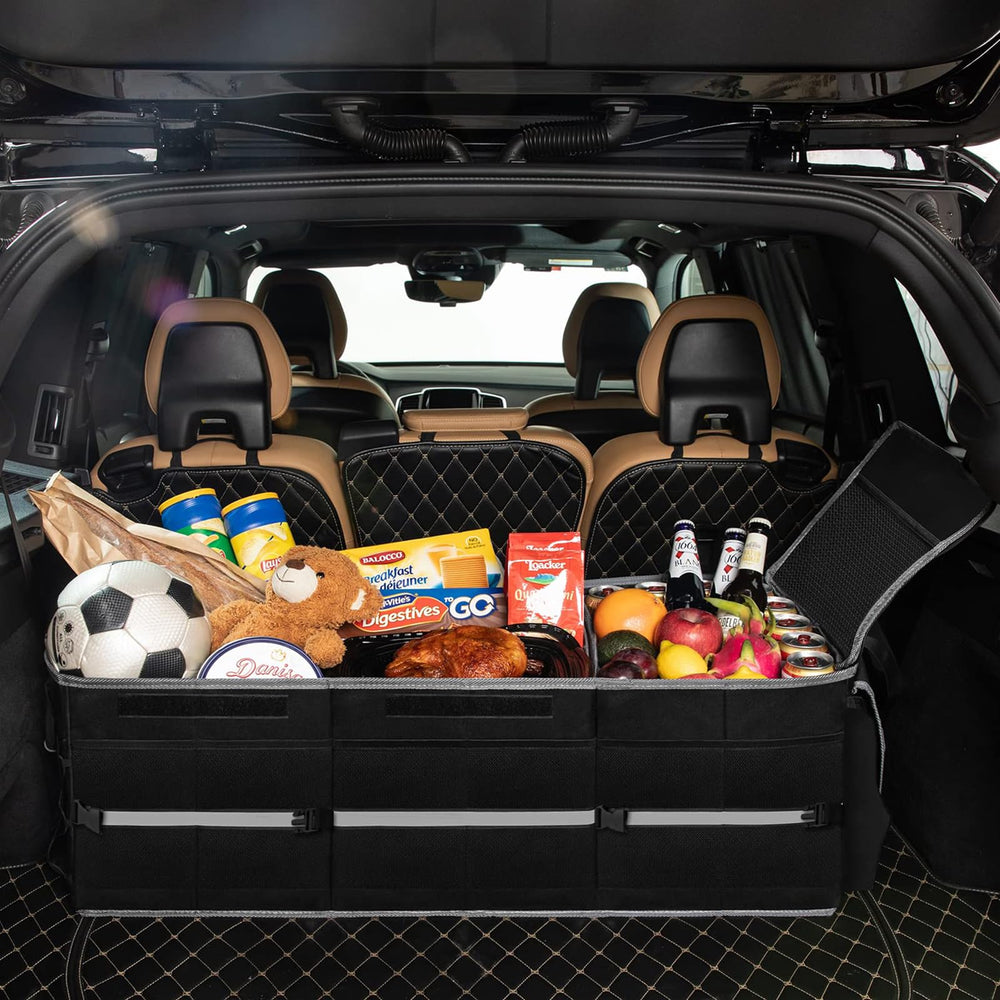 Jorindes lifestyle shot in SUV trunk organizing groceries and picnic gear