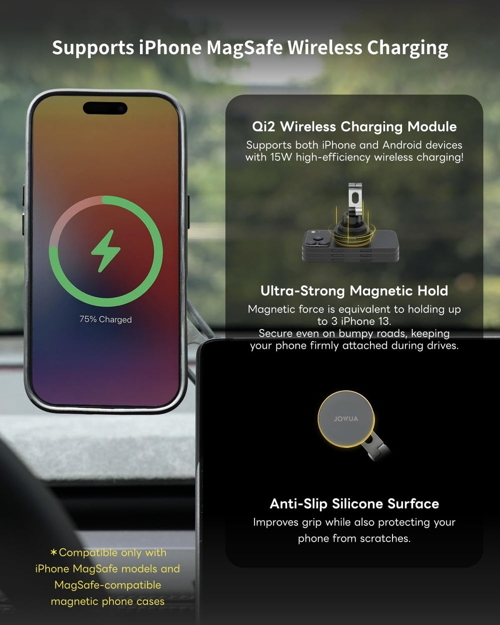 Jowua mounted phone in use on Tesla dashboard offering hands-free convenience