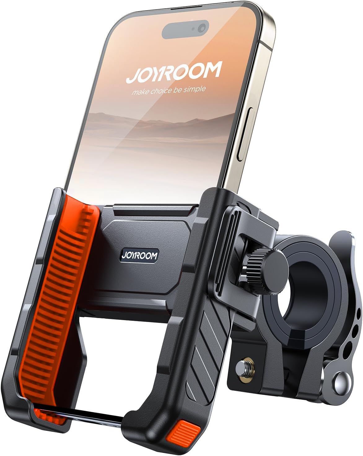JOYROOM front view on motorcycle handlebar showing secure mount and clear display