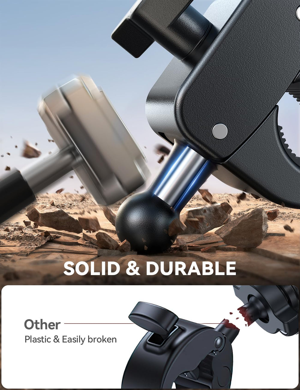 JOYROOM metal tie rod and ball head showing long-lasting durability benefit