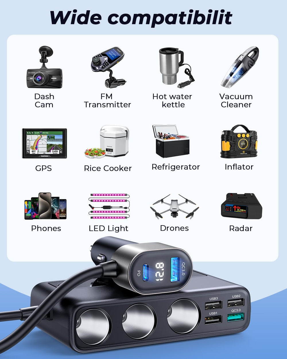 JOYROOM installed in car with three cigarette sockets powering multiple accessories