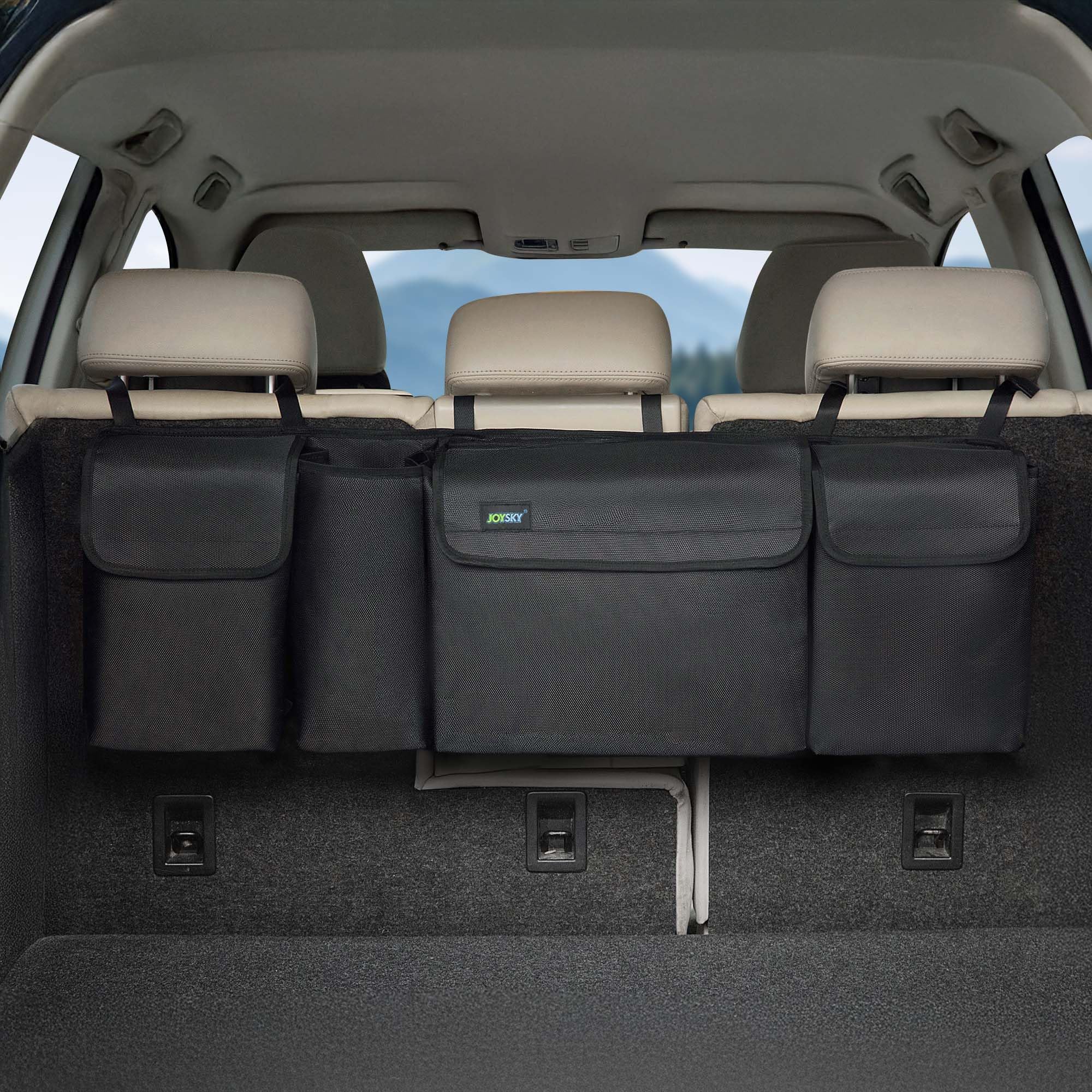 JOYSKY front view of trunk hanging organizer showing organized storage and quick access