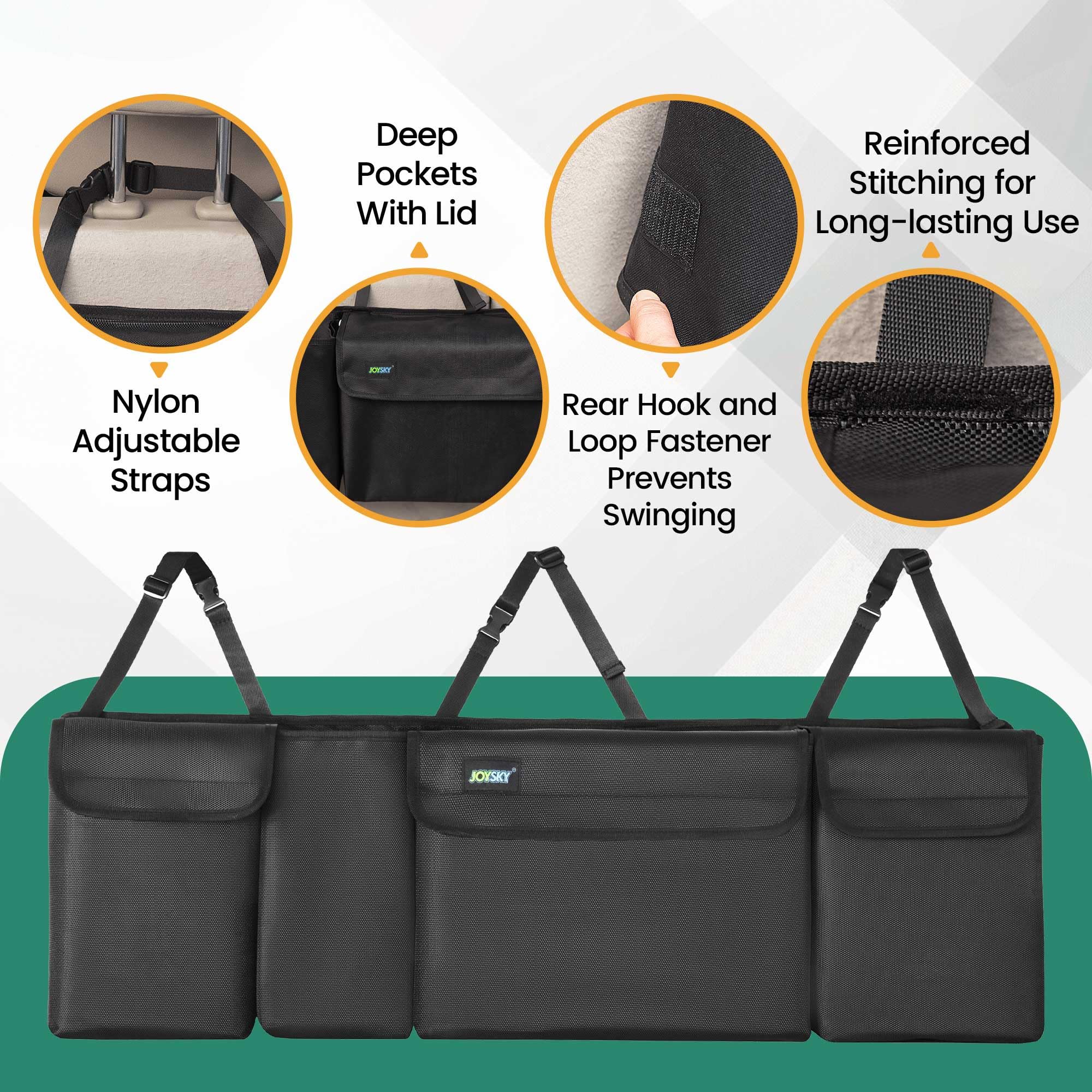 JOYSKY lifestyle image of family roadtrip trunk organization offering tidy travel setup