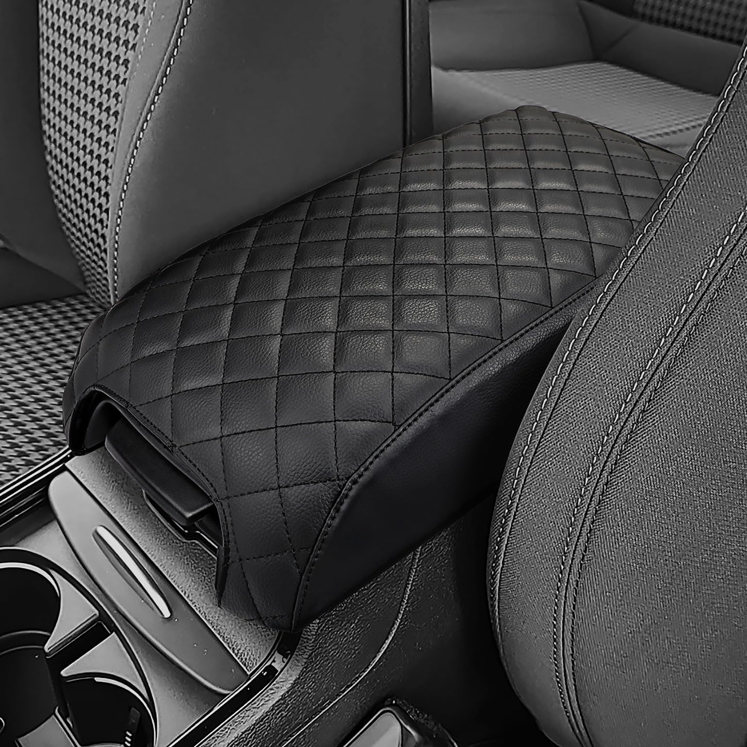 JOYTUTUS front view of black leather center console cover showing neat fit and protection