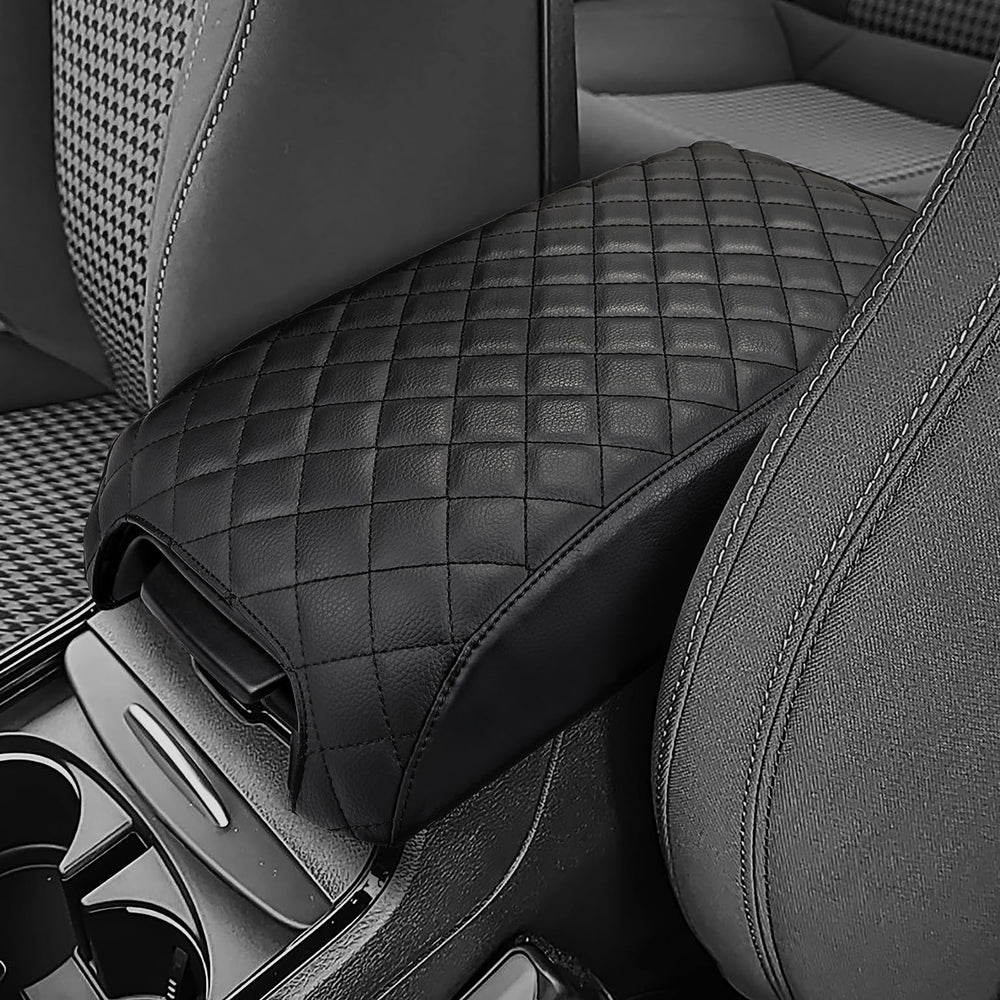 JOYTUTUS front view of black leather center console cover showing neat fit and protection