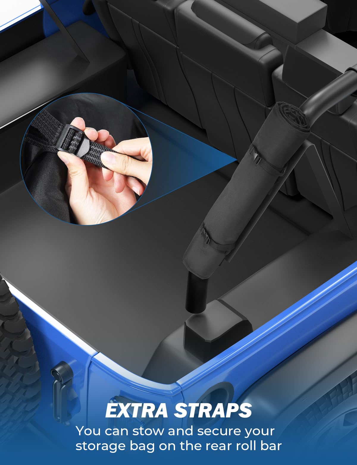 JOYTUTUS bag positioned on folded soft top showing convenient on-vehicle storage