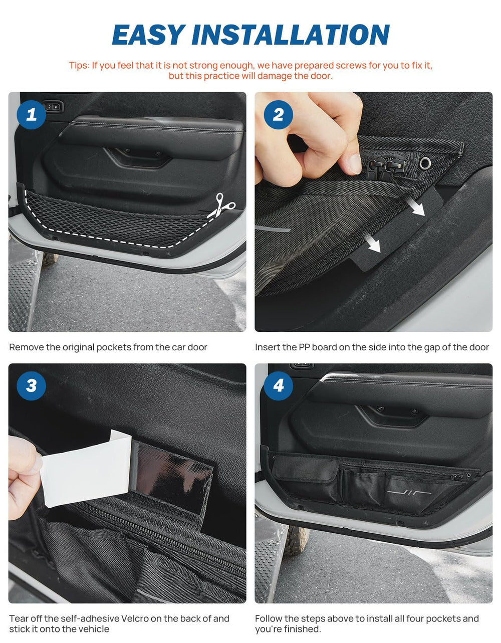 JOYTUTUS pocket inserted in Jeep door demonstrating secure, tool-free installation