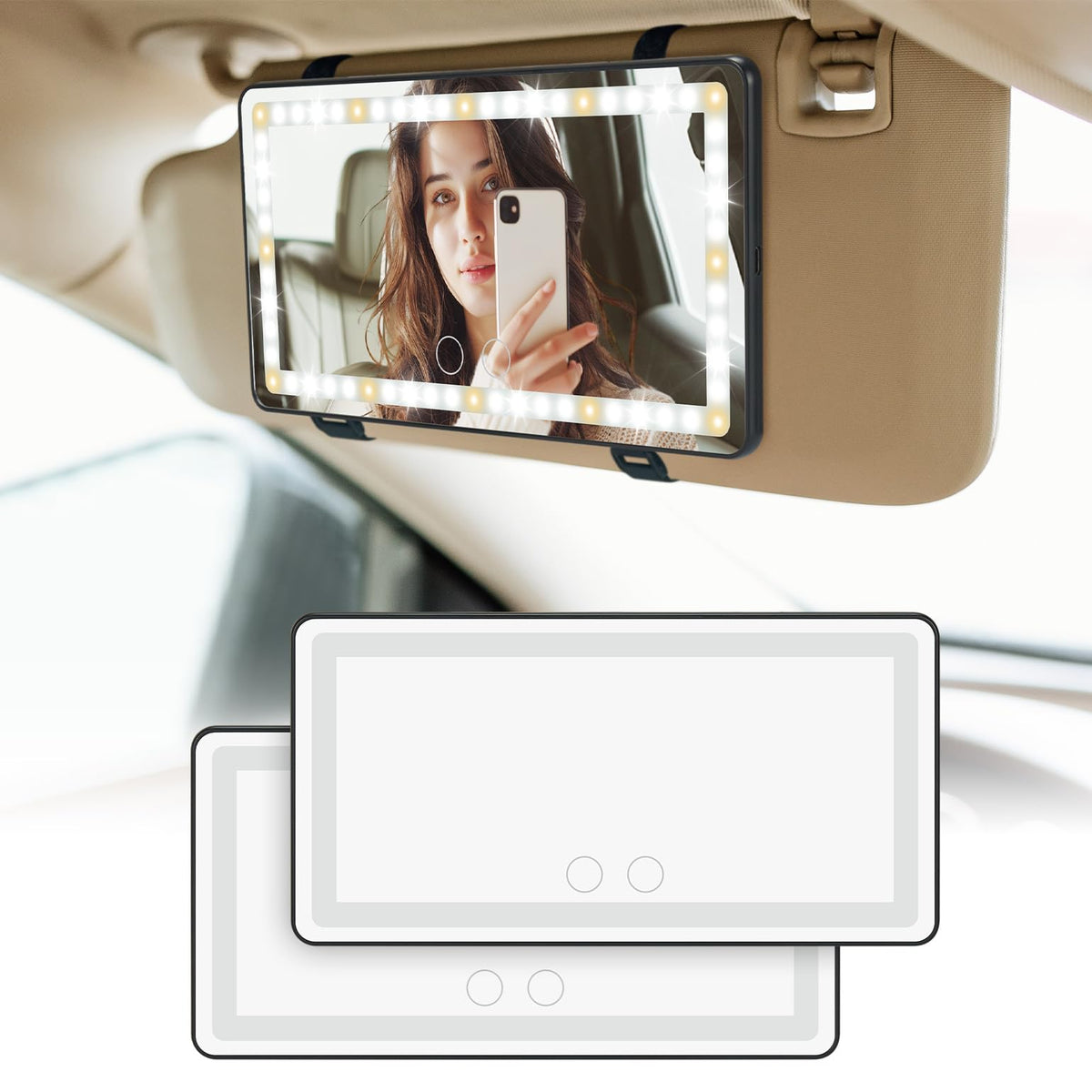 JOYTUTUS front view of visor mirror showing full LED frame and clear reflection benefit