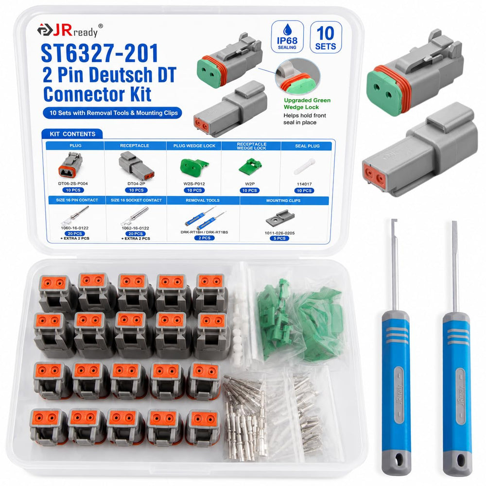 JRready front packaging showing complete 2-pin Deutsch DT kit and benefits