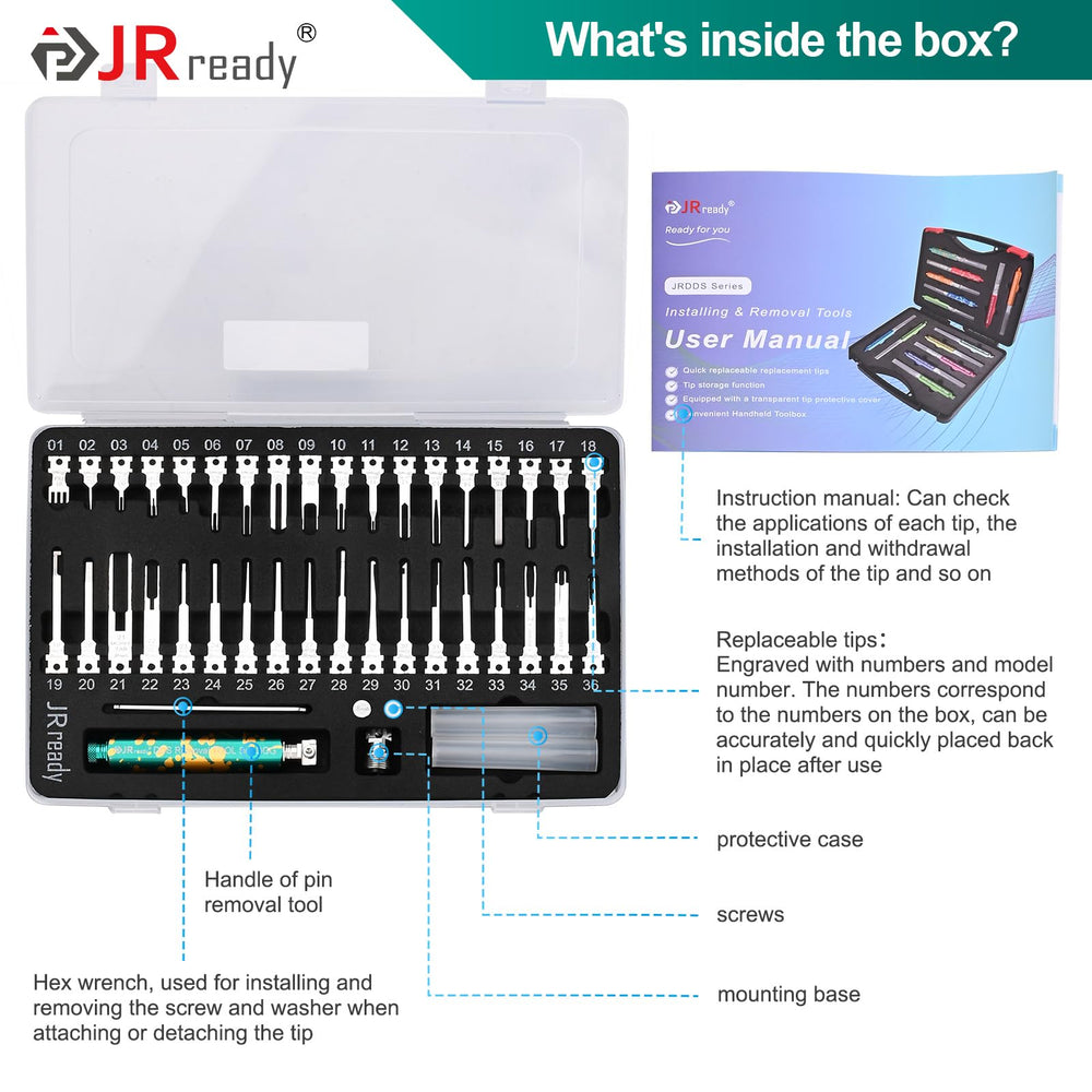 JRready tips next to a ruler for size comparison and correct tip selection