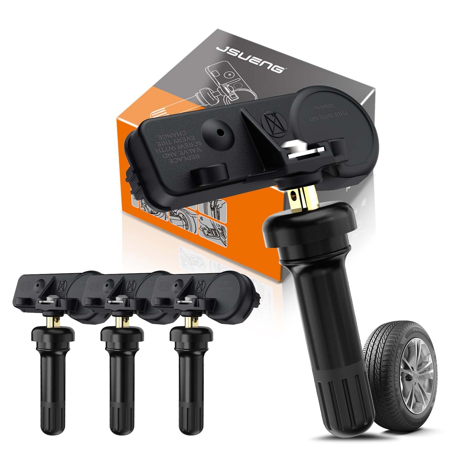 Jsueng front packaging showing TPMS set and clear fitment benefit
