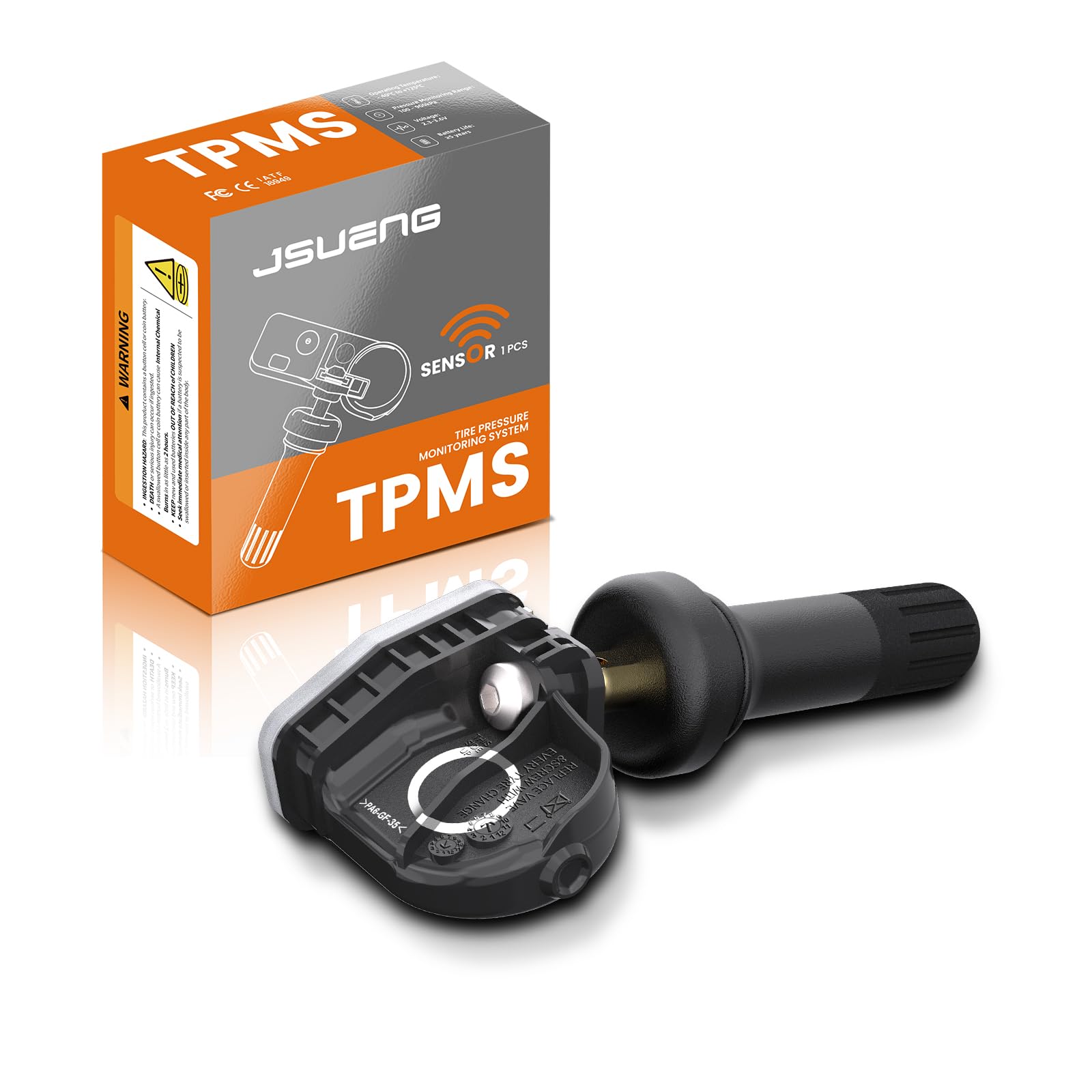 Jsueng TPMS front view showing compact sensor and easy replacement benefit