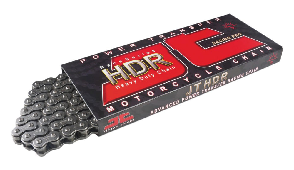 JT chain front view showing full 124-link length and black steel finish for durability
