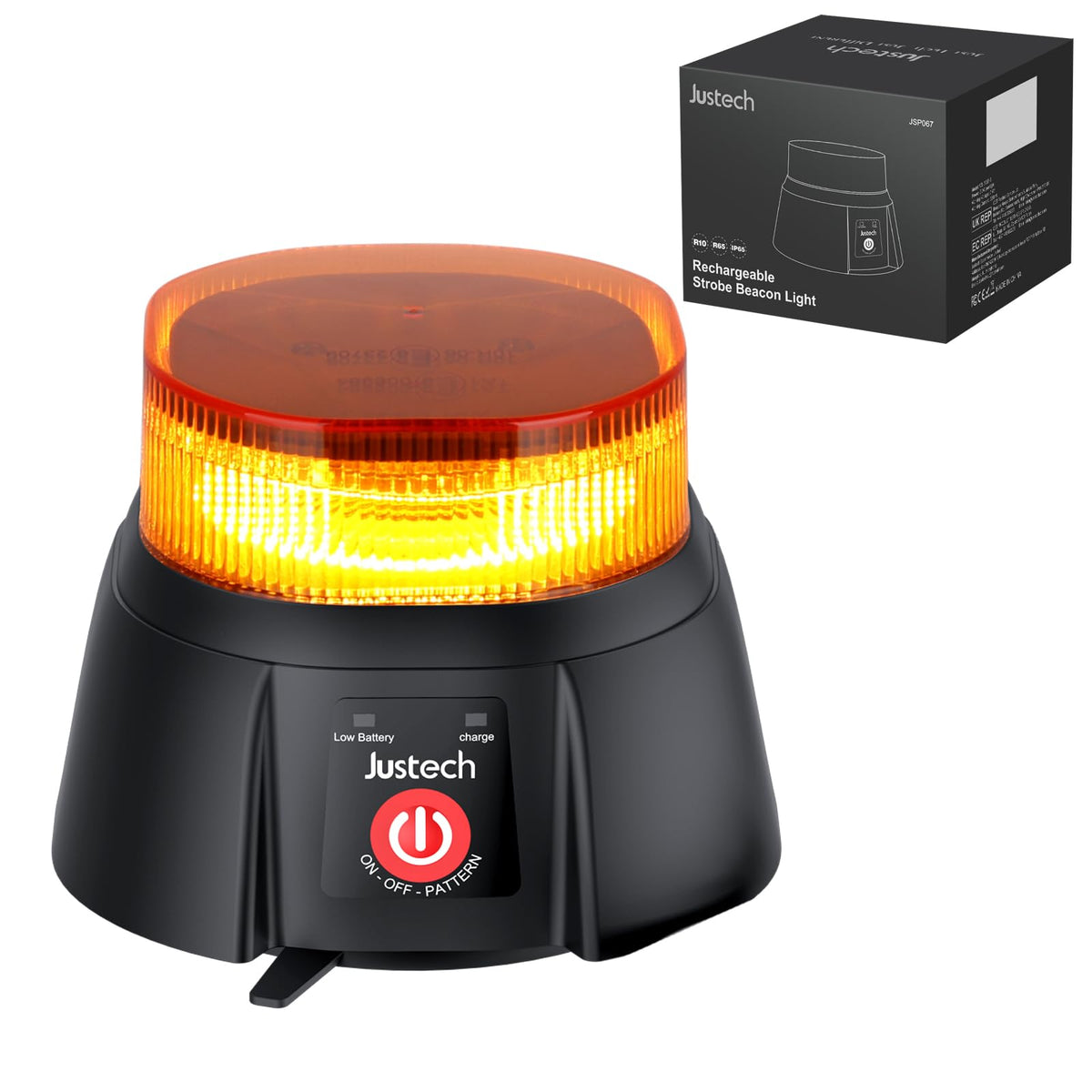 Justech beacon front view showing amber strobe for improved roadside visibility