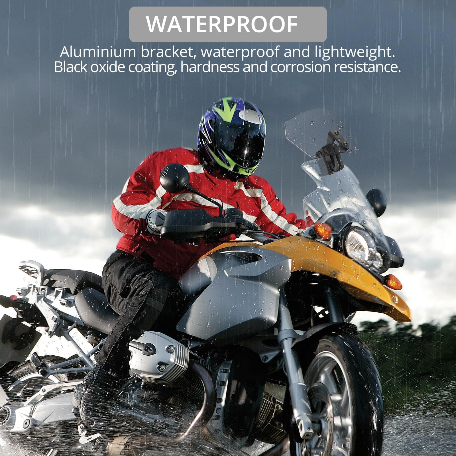 Justech installed on sportbike side view demonstrating reduced helmet wind impact