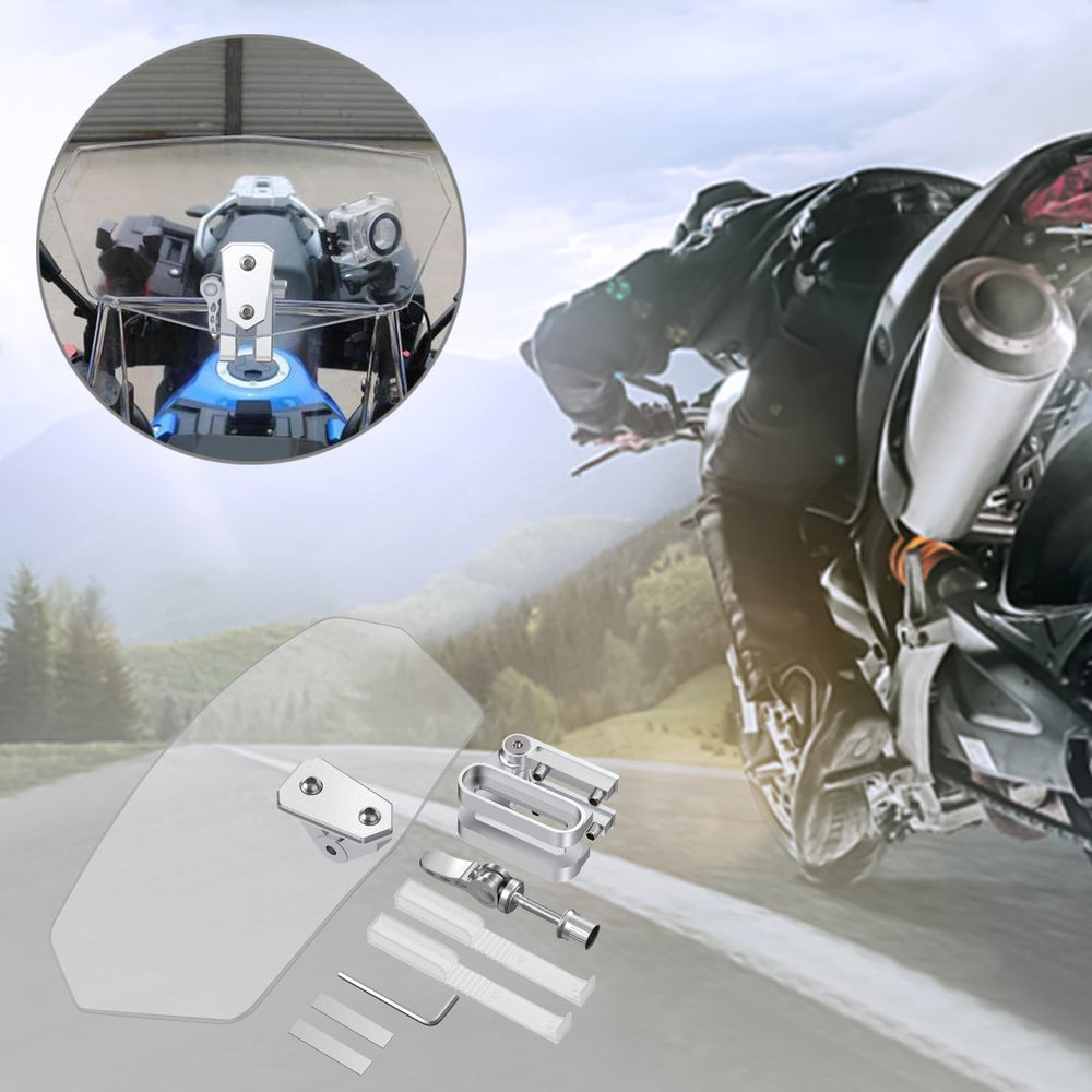 Justech mounted on sportbike demonstrating reduced wind buffeting