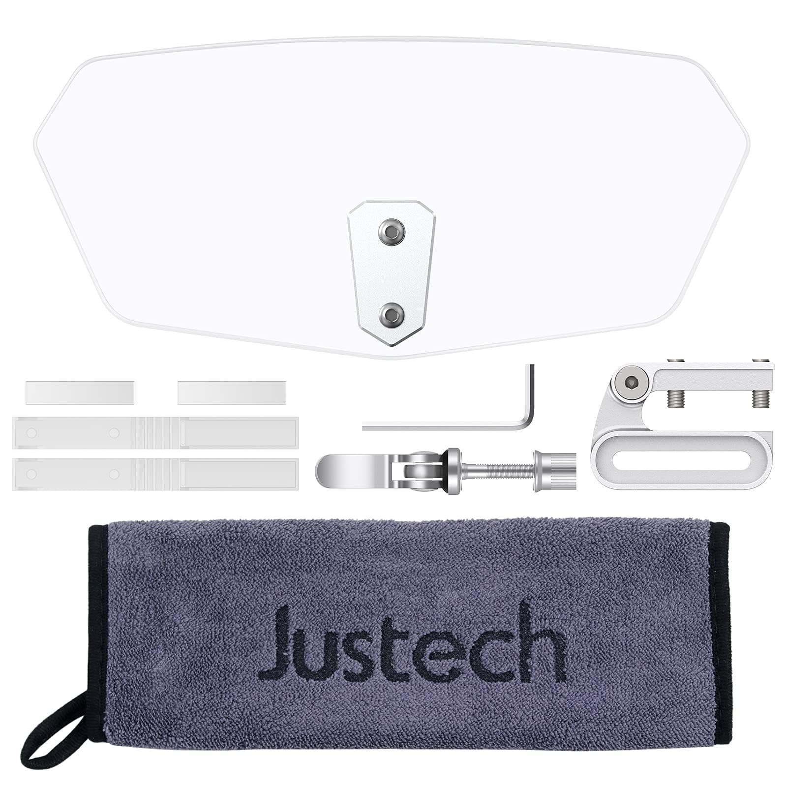 Justech contents laid out showing hardware and microfiber towel